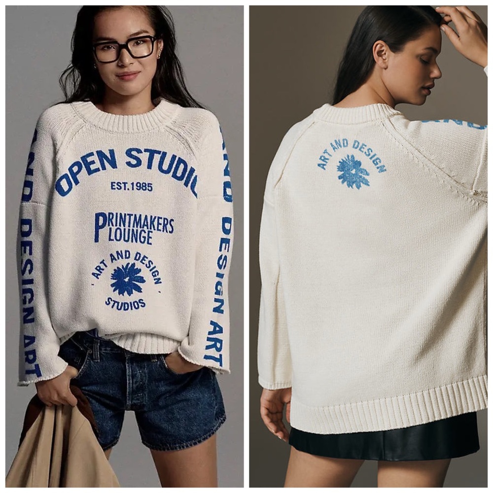 Anthropologie Pilcro Oversized Graphic Printed Crew Neck Sweater Blue Cream Sz L